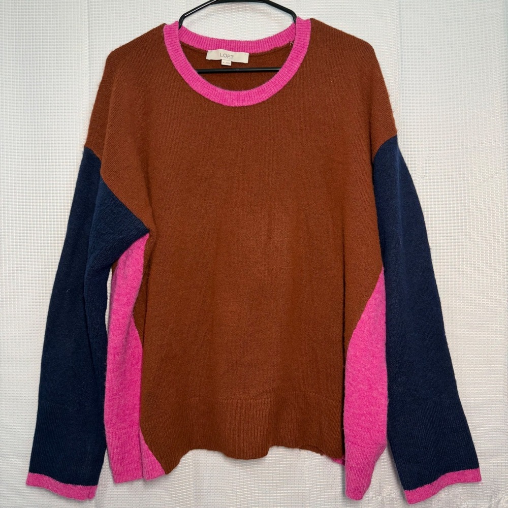 LOFT Colorblock Sweater XL Brown Pink Navy Crew Neck Knit Pullover